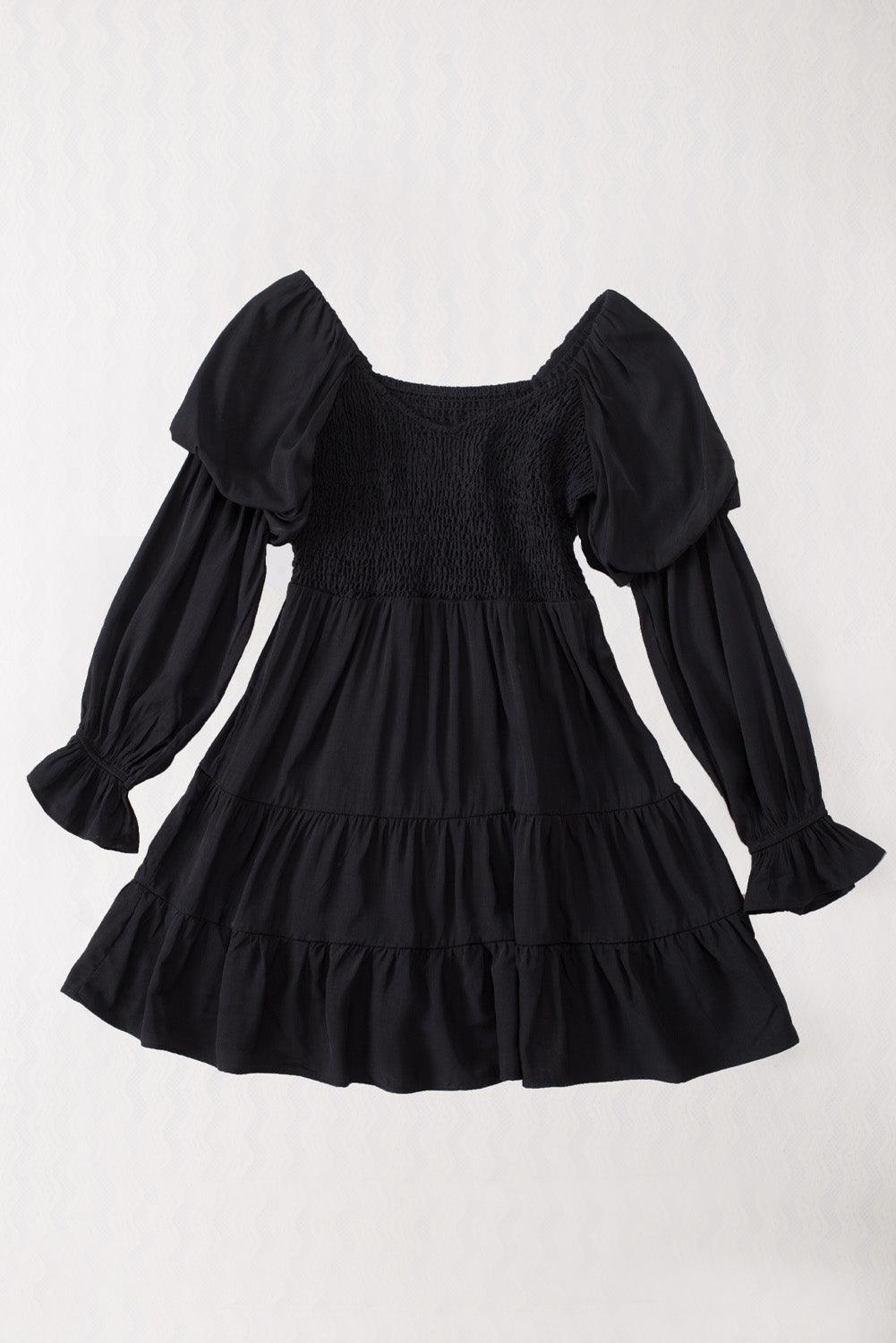 Black Boho Solid Shirred Ruffle Mini Dress - Mini Dresses - Jurkjes.co