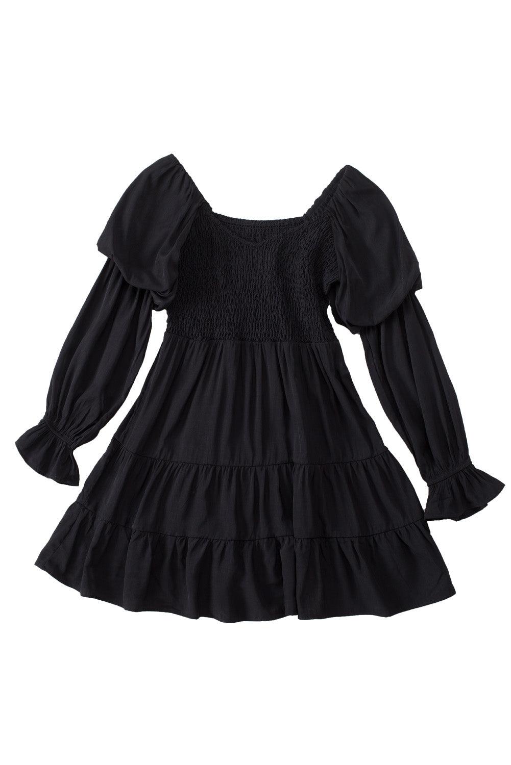 Black Boho Solid Shirred Ruffle Mini Dress - Mini Dresses - Jurkjes.co