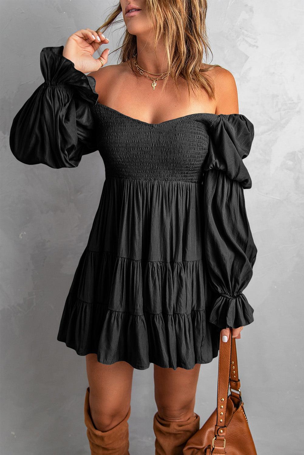 Black Boho Solid Shirred Ruffle Mini Dress - Mini Dresses - Jurkjes.co