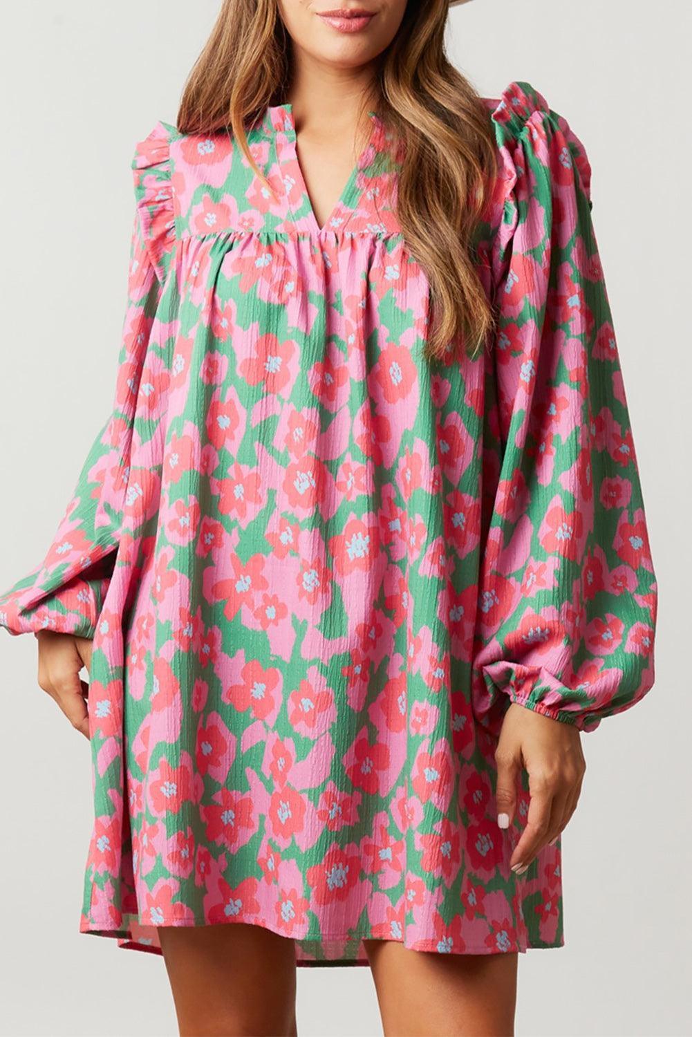 Bloem Jurk met V-Hals en Bubbelmouwen - Floral Dresses - Jurkjes.co