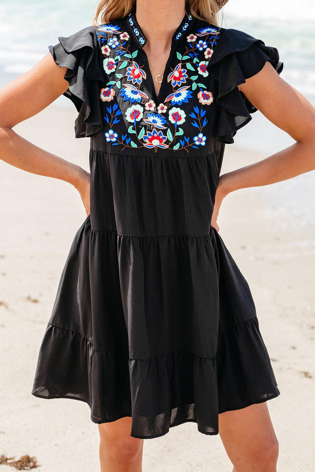 Bloemen Geborduurde Gelaagde Ruffle Mini Jurk - Mini Dresses - Jurkjes.co