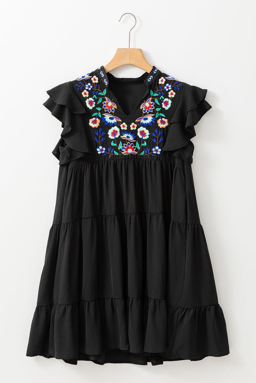 Bloemen Geborduurde Gelaagde Ruffle Mini Jurk - Mini Dresses - Jurkjes.co