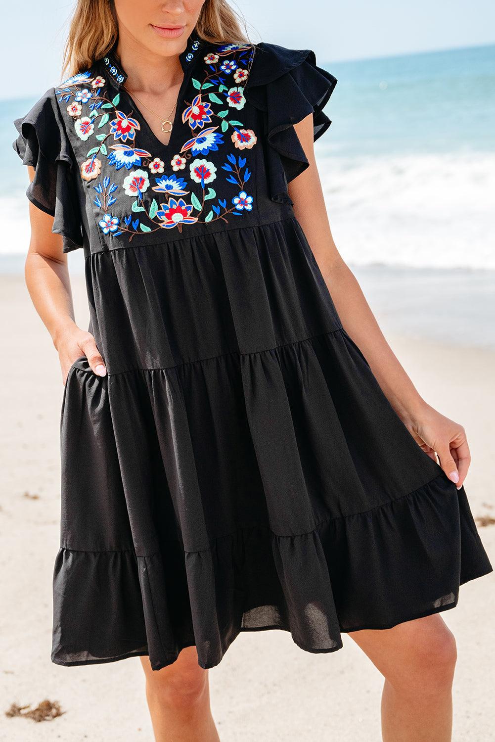 Bloemen Geborduurde Gelaagde Ruffle Mini Jurk - Mini Dresses - Jurkjes.co
