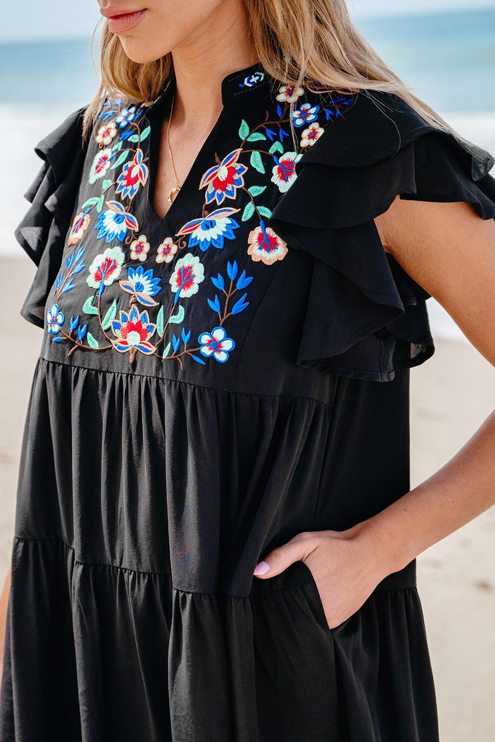 Bloemen Geborduurde Gelaagde Ruffle Mini Jurk - Mini Dresses - Jurkjes.co