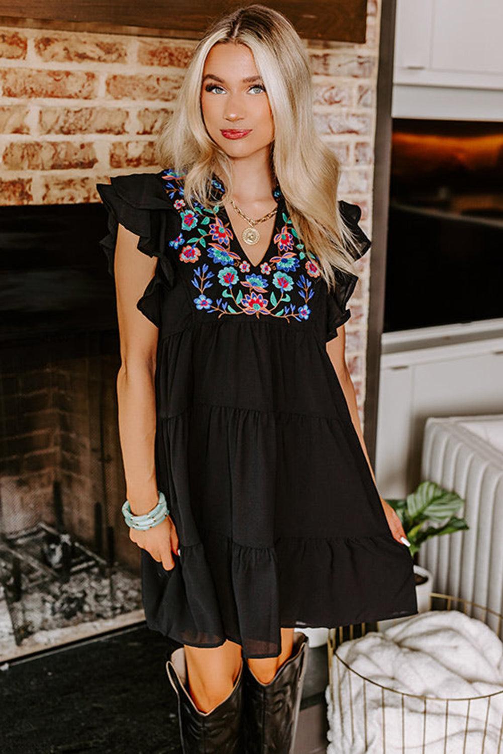 Bloemen Geborduurde Gelaagde Ruffle Mini Jurk - Mini Dresses - Jurkjes.co