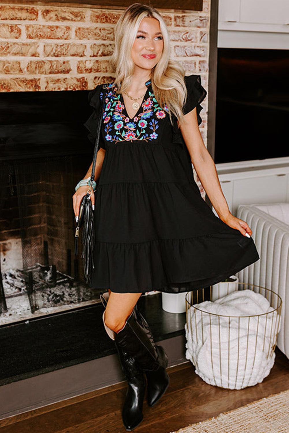 Bloemen Geborduurde Gelaagde Ruffle Mini Jurk - Mini Dresses - Jurkjes.co