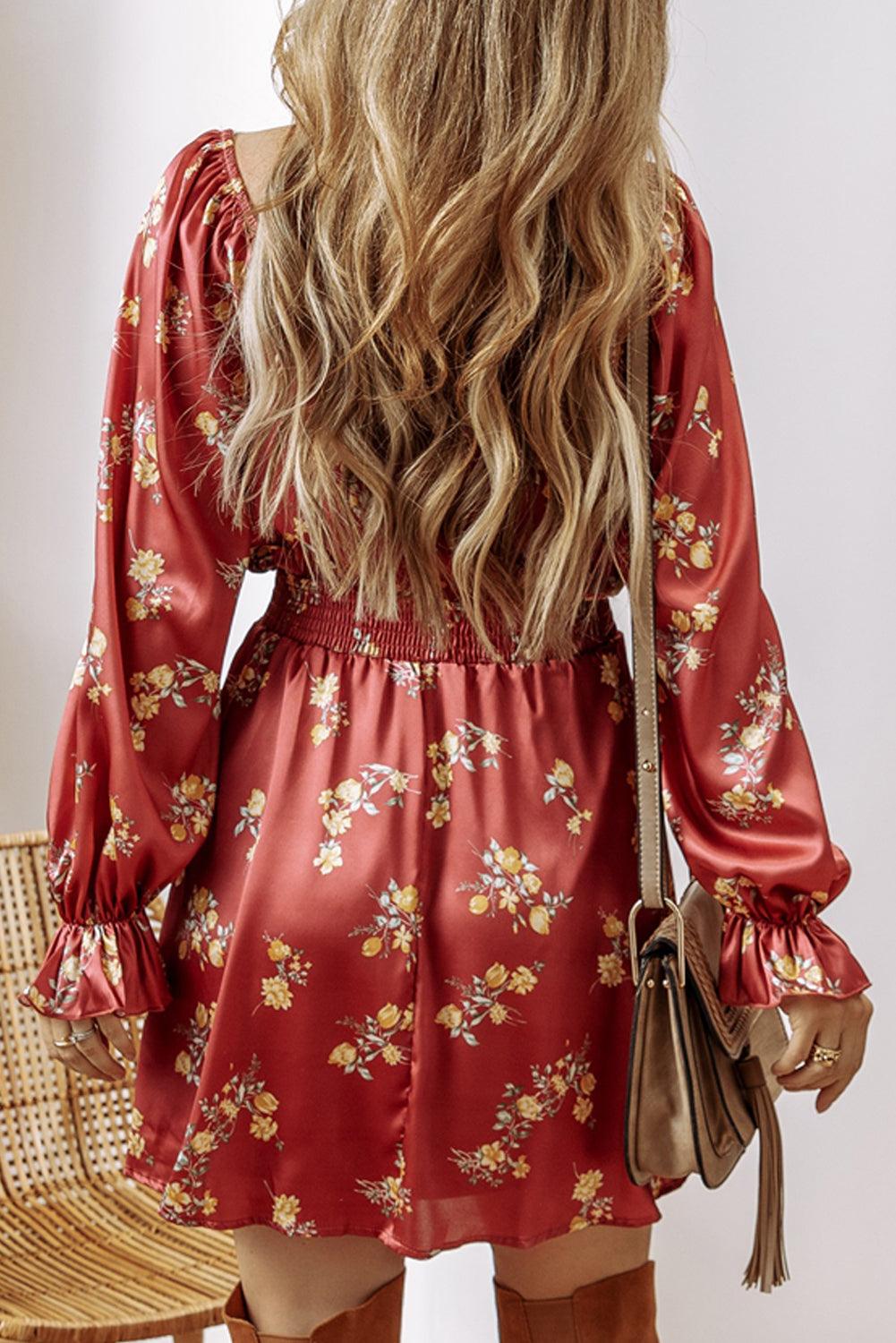 Bloemen Print Mini Jurk met Ruches en V-Hals - Floral Dresses - Jurkjes.co