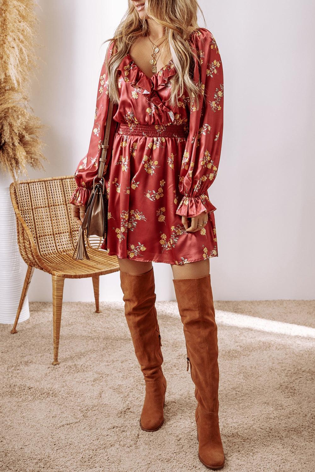 Bloemen Print Mini Jurk met Ruches en V-Hals - Floral Dresses - Jurkjes.co