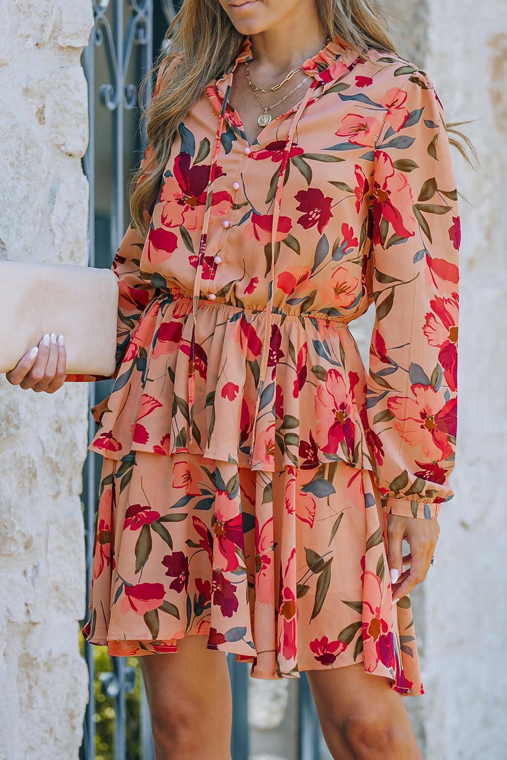 Bloemenjurk met Frivole Kraag en Lange Mouw - Floral Dresses - Jurkjes.co