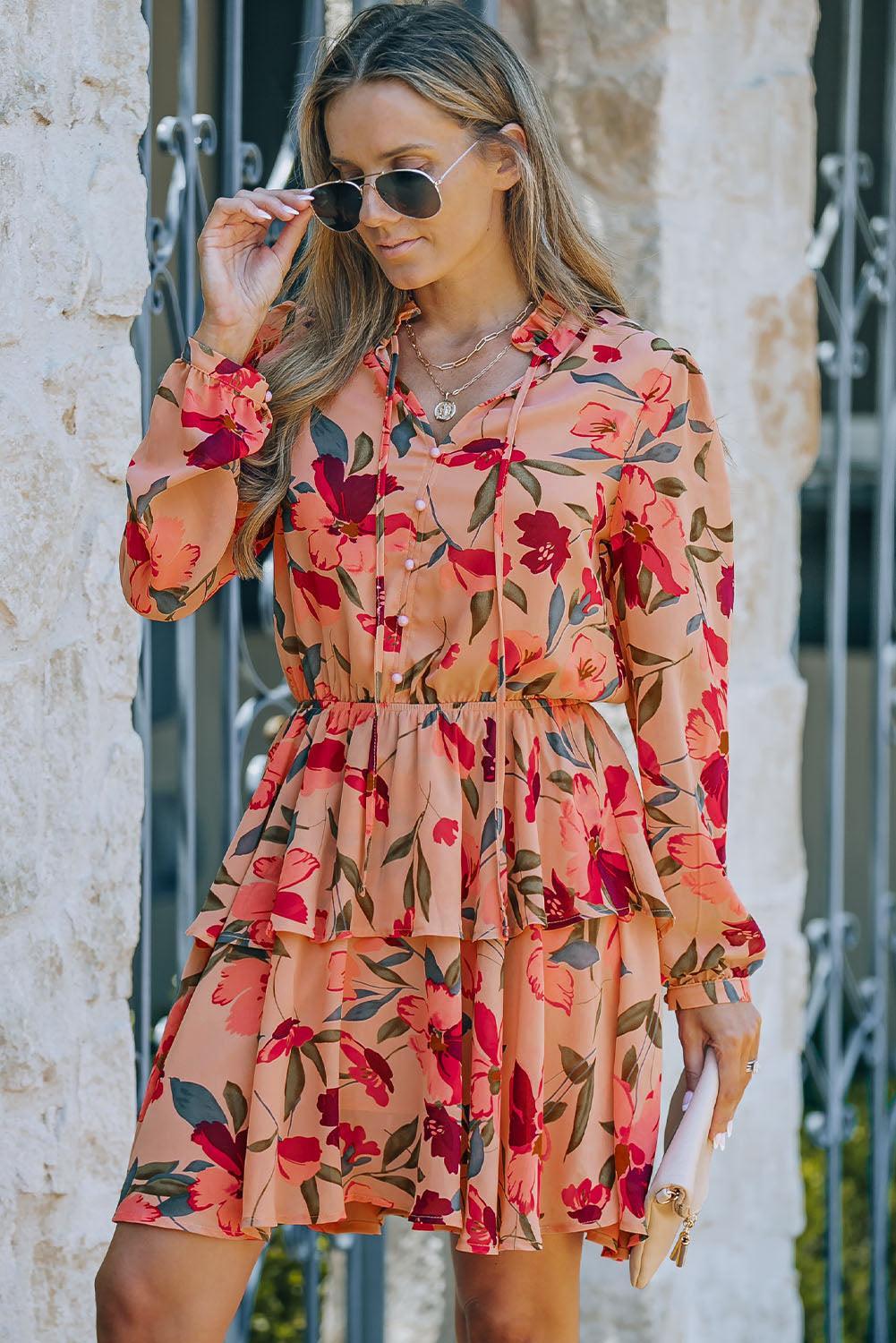 Bloemenjurk met Frivole Kraag en Lange Mouw - Floral Dresses - Jurkjes.co