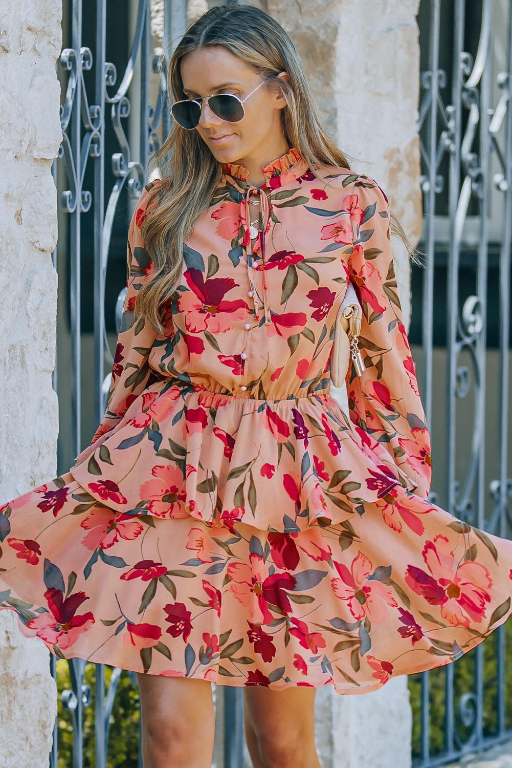 Bloemenjurk met Frivole Kraag en Lange Mouw - Floral Dresses - Jurkjes.co