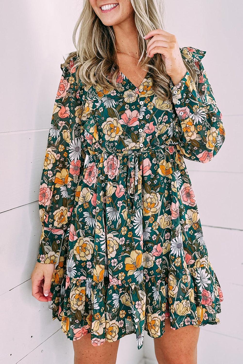Bloemenjurk met Ruches en Knopen - Floral Dresses - Jurkjes.co