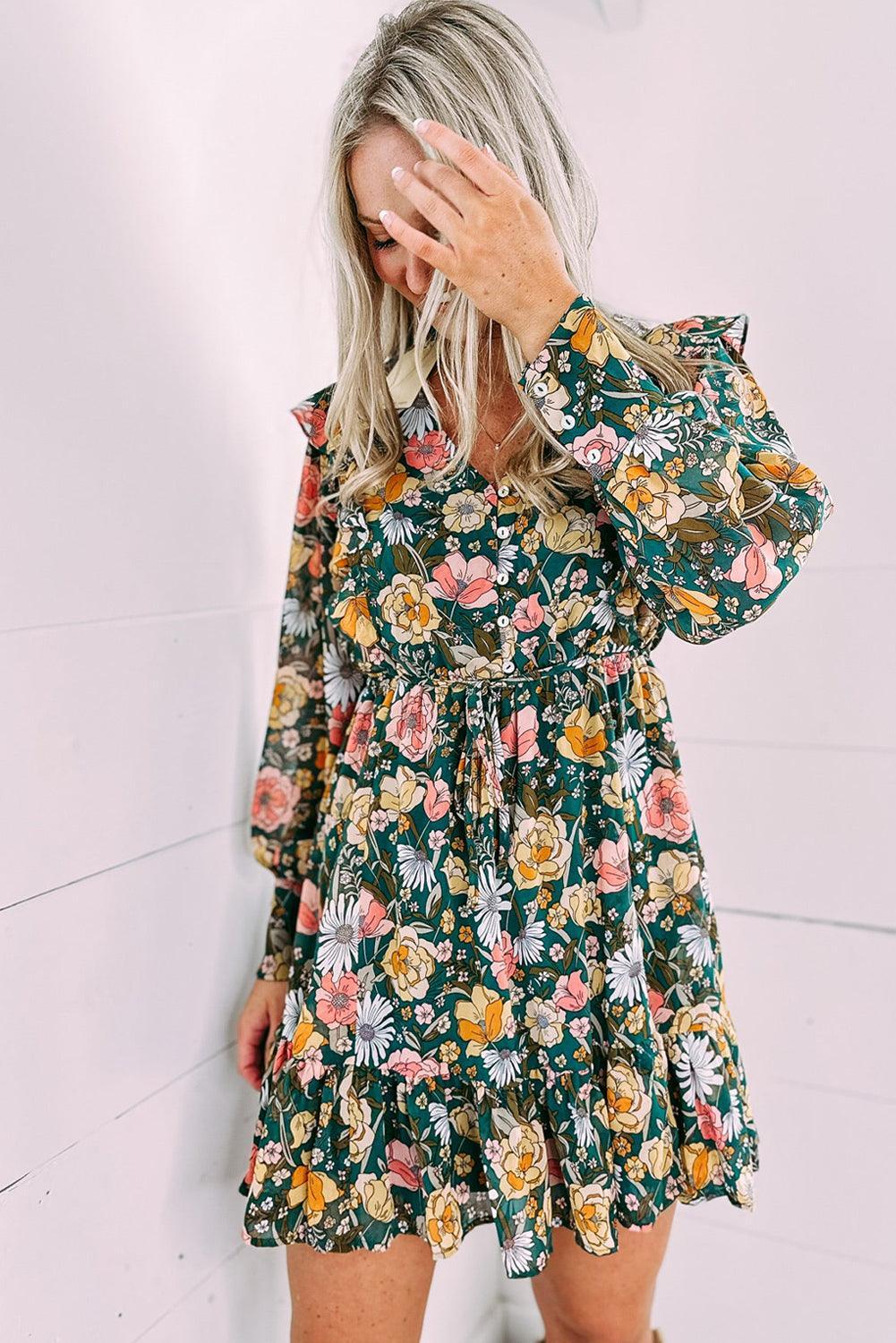 Bloemenjurk met Ruches en Knopen - Floral Dresses - Jurkjes.co