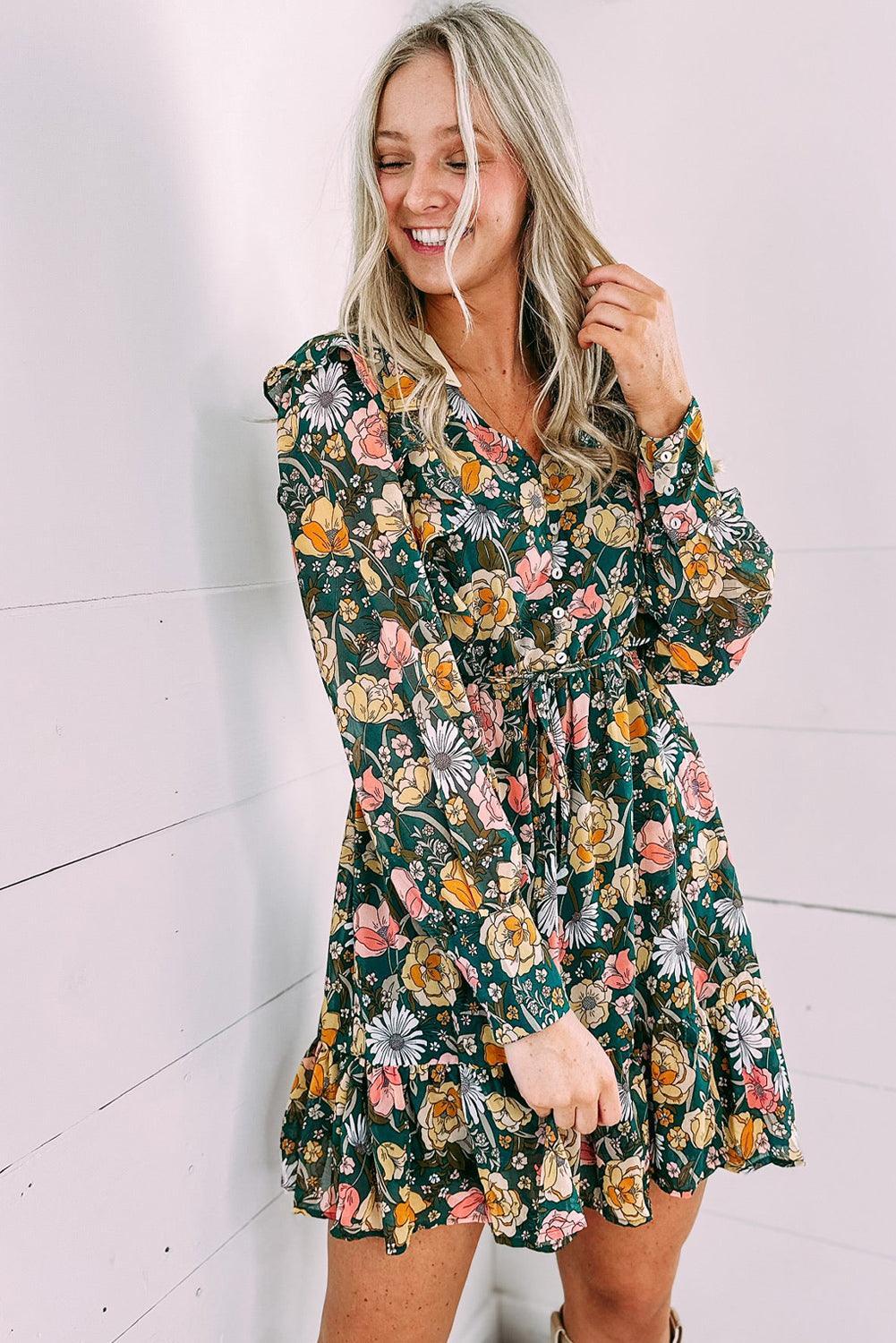 Bloemenjurk met Ruches en Knopen - Floral Dresses - Jurkjes.co