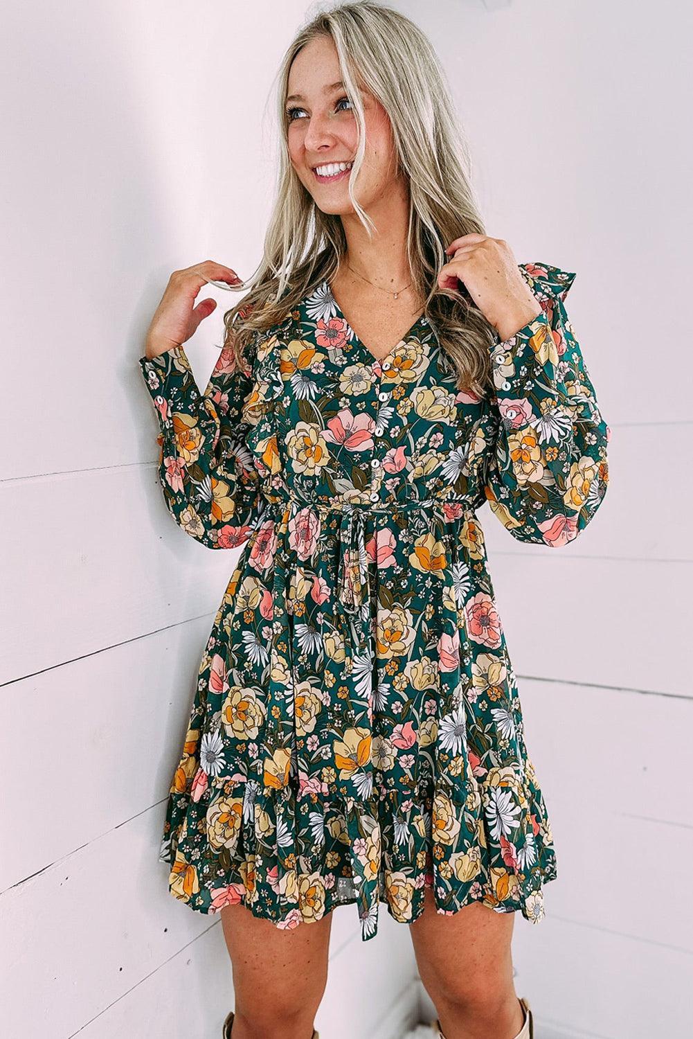 Bloemenjurk met Ruches en Knopen - Floral Dresses - Jurkjes.co