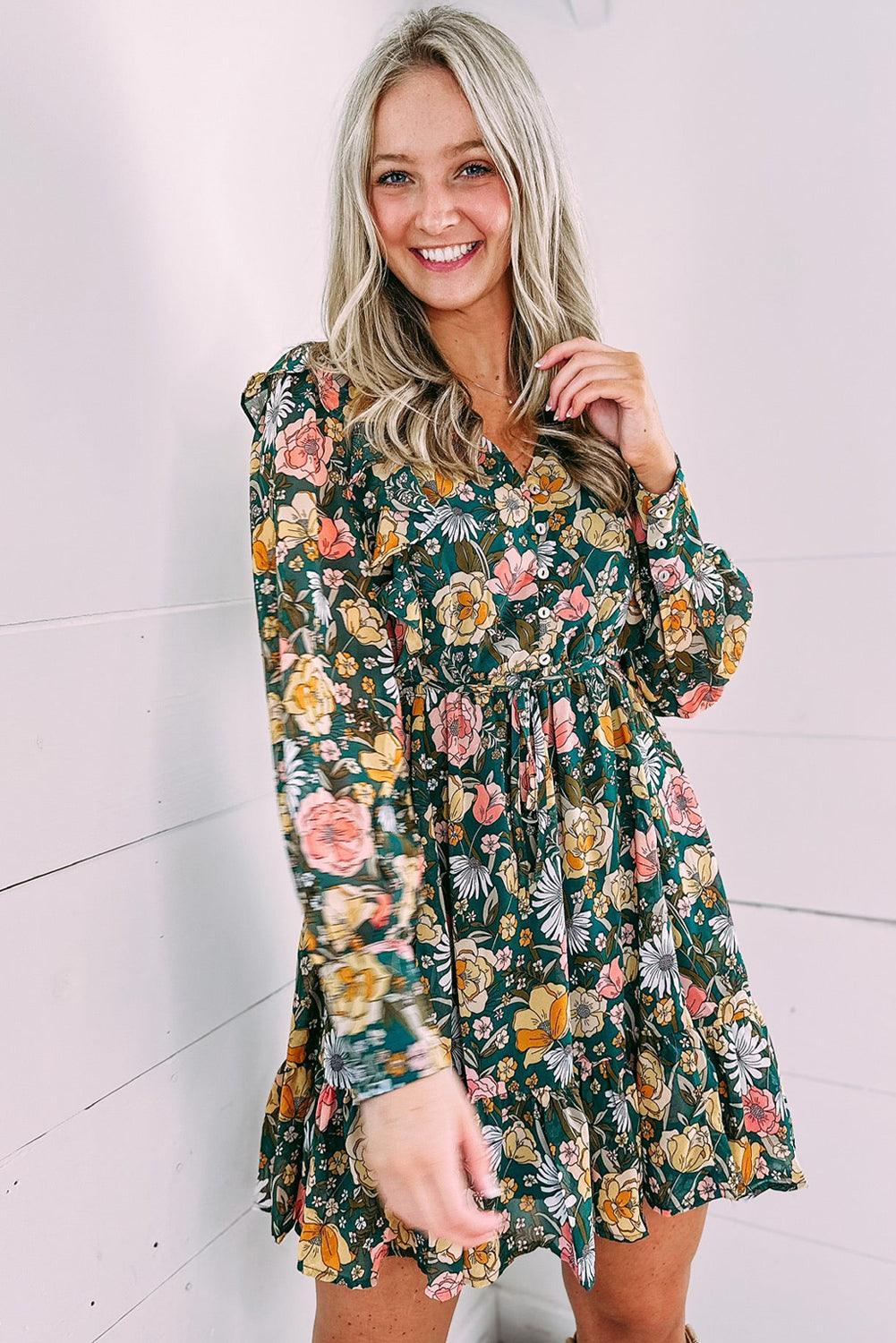 Bloemenjurk met Ruches en Knopen - Floral Dresses - Jurkjes.co