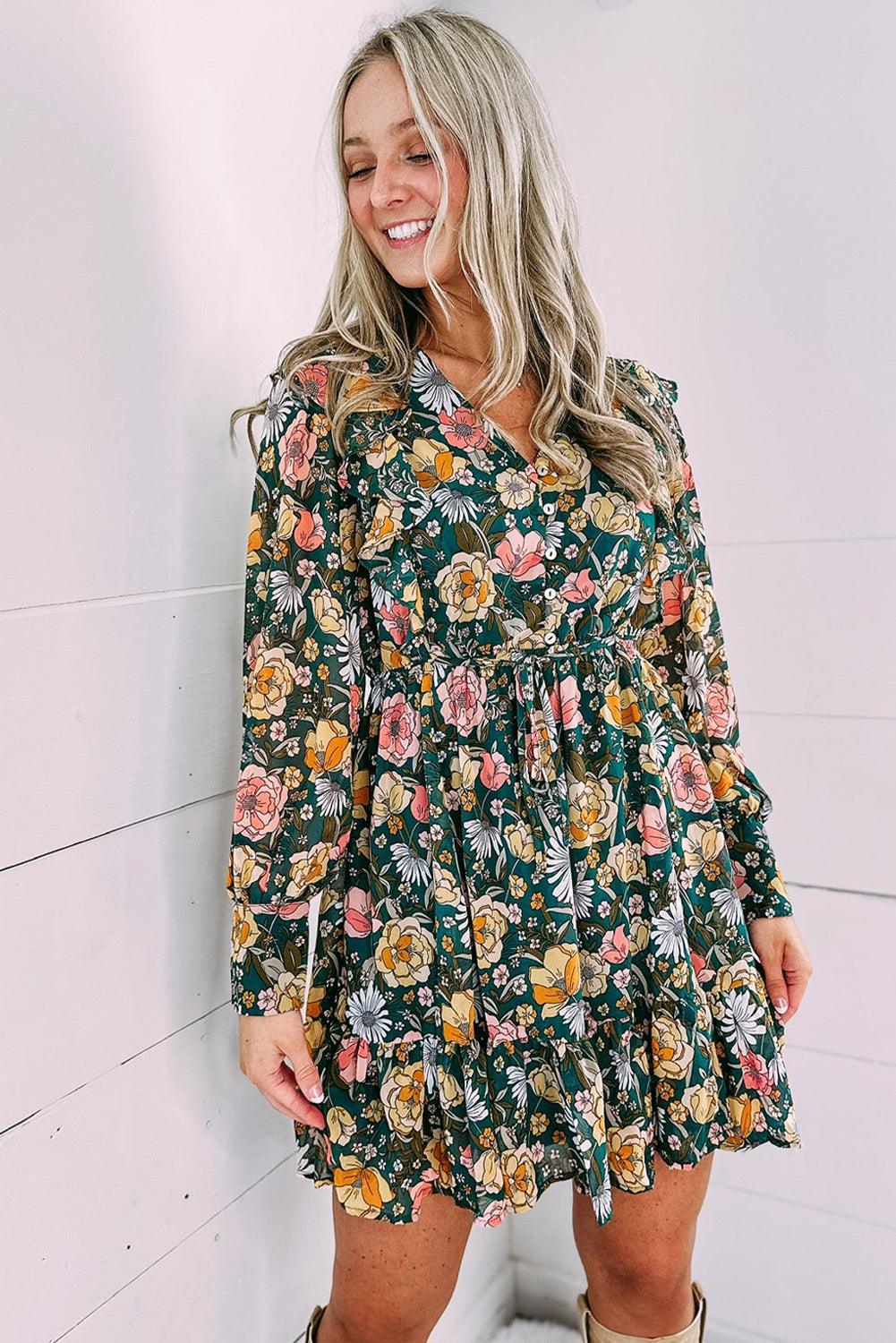 Bloemenjurk met Ruches en Knopen - Floral Dresses - Jurkjes.co
