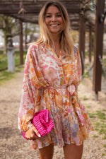 Bloemenprint Mini Jurk met Knoopsluiting en Ruches - Floral Dresses - Jurkjes.co