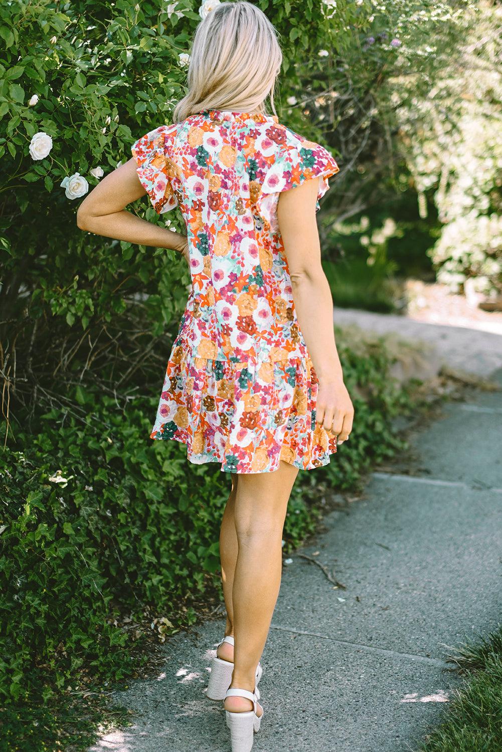 Bloemenprint Split Neck Jurk met Vlindermouwen - Floral Dresses - Jurkjes.co