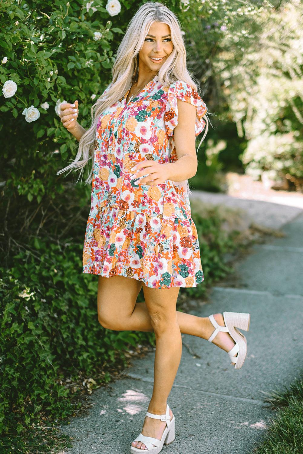 Bloemenprint Split Neck Jurk met Vlindermouwen - Floral Dresses - Jurkjes.co