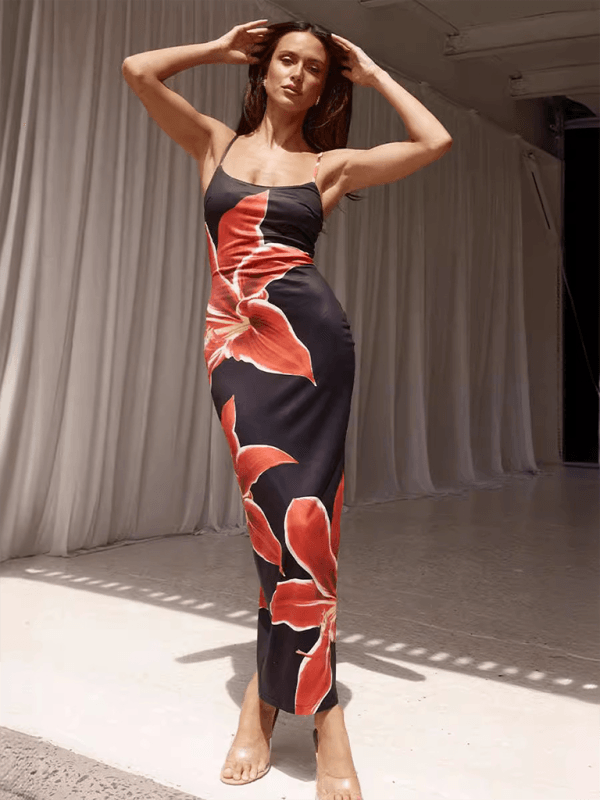 Bodycon Jurk met Spaghetti Bandjes en Bloemenprint - Maxi Dresses - Jurkjes.co