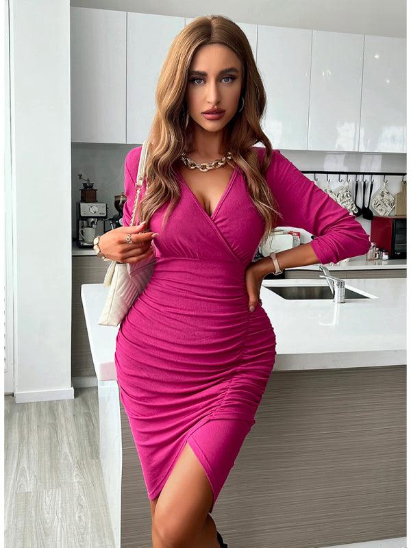 Bodycon Jurk met V-hals en Ruche-details - Midi Dresses - Jurkjes.co