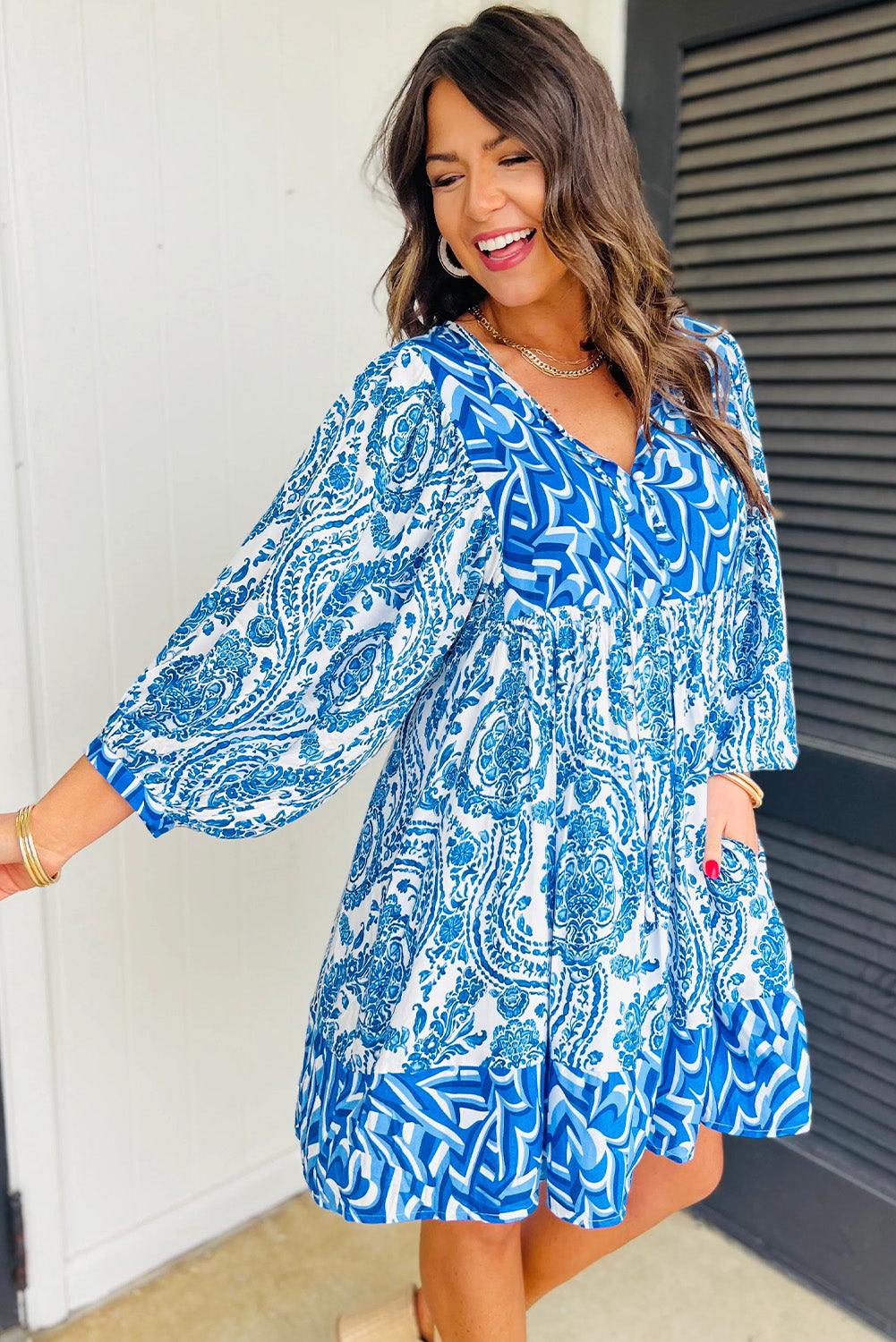 Bohemian Print Flared Mini Jurk met Puff Mouw - Mini Dresses - Jurkjes.co