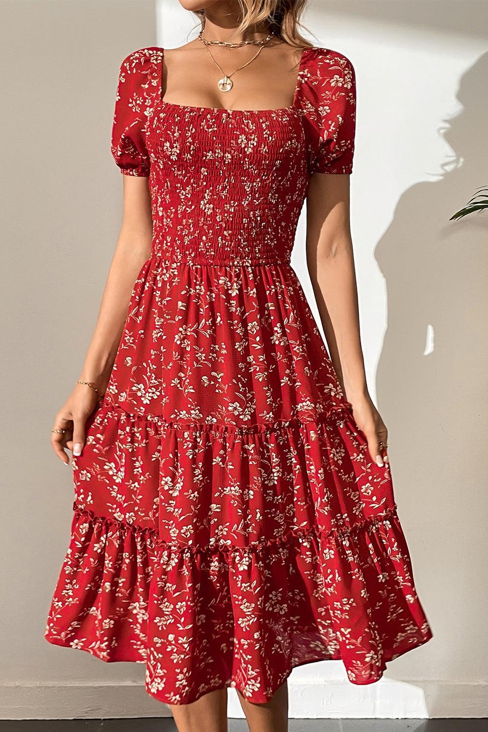 Boho Bloemen Midi Jurk met Smokwerk - Floral Dresses - Jurkjes.co