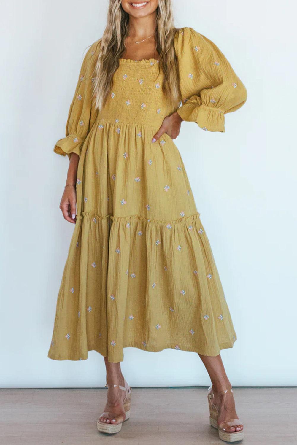 Boho Gedessineerde Midi Jurk met Ruches - Midi Dresses - Jurkjes.co