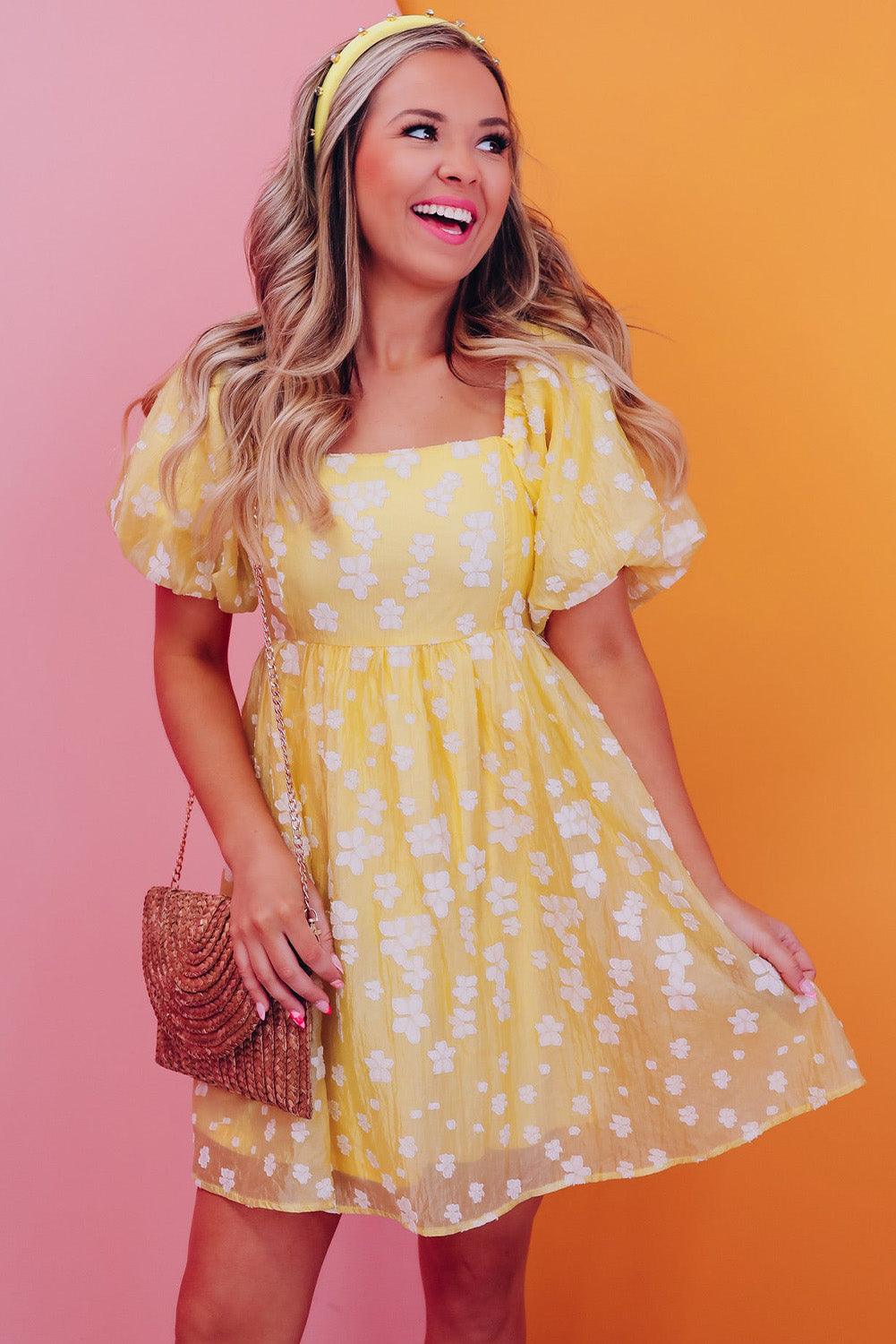 Boho Jacquard Mini-Jurk met Pofmouwen - Floral Dresses - Jurkjes.co
