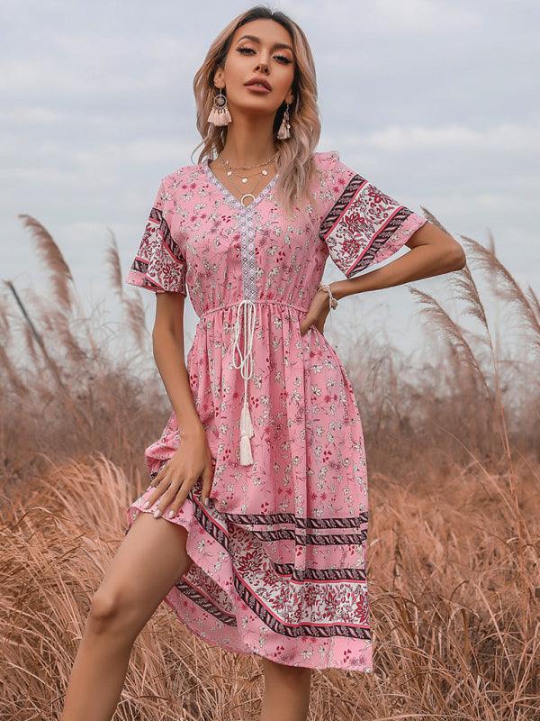 Boho Jurk met V-hals en Bloemenprint - Midi Dresses - Jurkjes.co