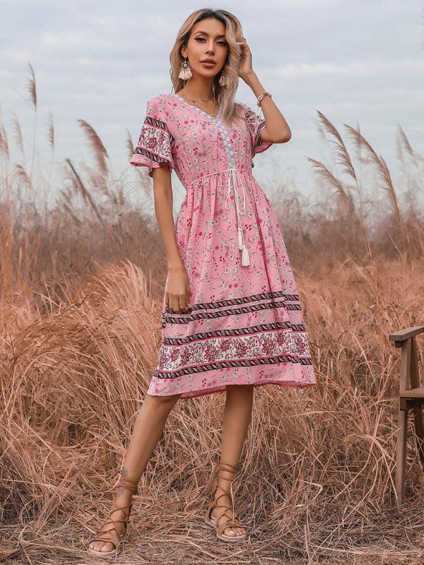 Boho Jurk met V-hals en Bloemenprint - Midi Dresses - Jurkjes.co
