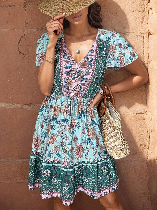 Boho Jurk met V-hals en Bloemenprint - Mini Dresses - Jurkjes.co
