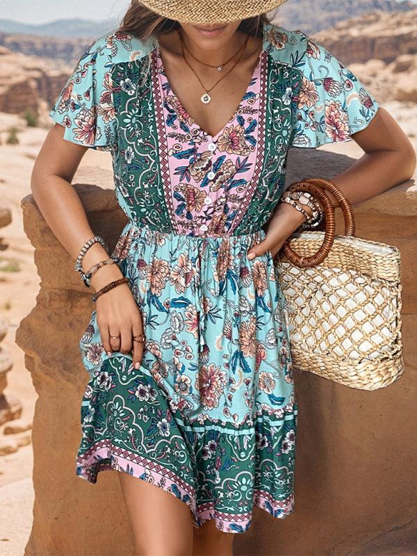 Boho Jurk met V-hals en Bloemenprint - Mini Dresses - Jurkjes.co
