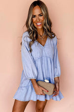 Chambray Mini Jurk met Pofmouwen en Ruches - Mini Dresses - Jurkjes.co