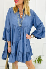 Chambray Ruffle Jurk met 3/4 Mouw en V-Hals - Mini Dresses - Jurkjes.co