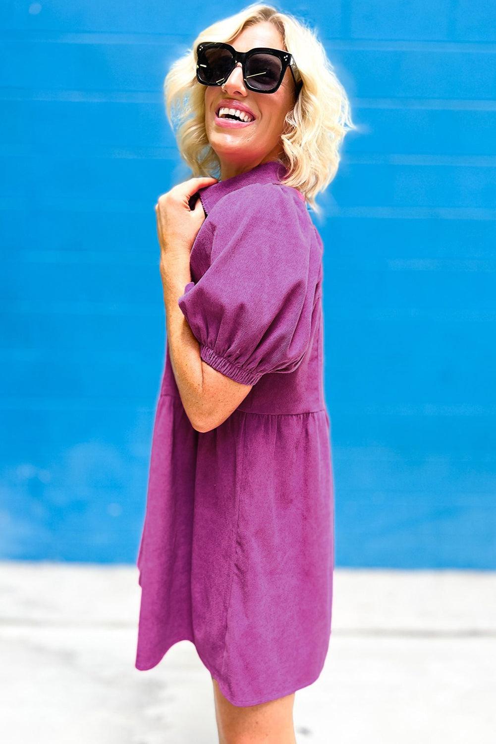 Corduroy Babydoll Jurk met Pofmouwen - Mini Dresses - Jurkjes.co