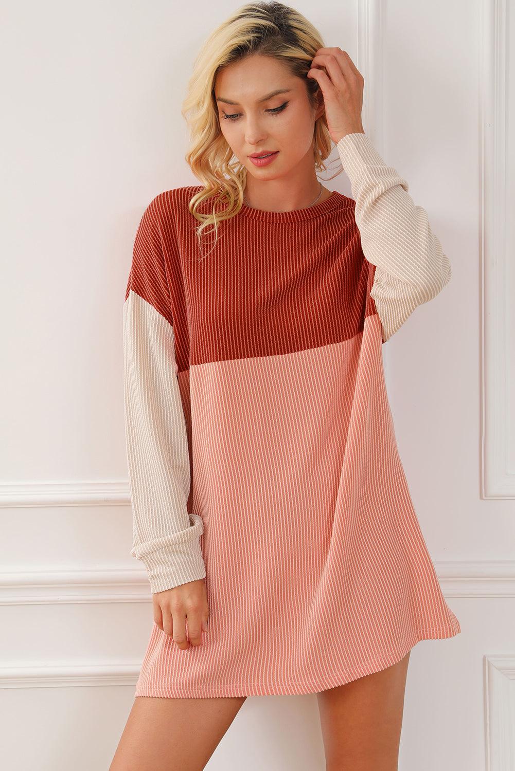 Corduroy Colorblock Jurk met Lange Mouwen - Mini Dresses - Jurkjes.co