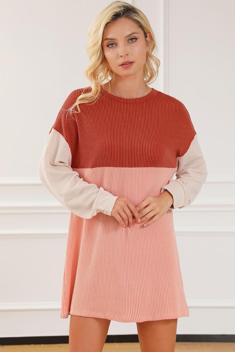 Corduroy Colorblock Jurk met Lange Mouwen - Mini Dresses - Jurkjes.co