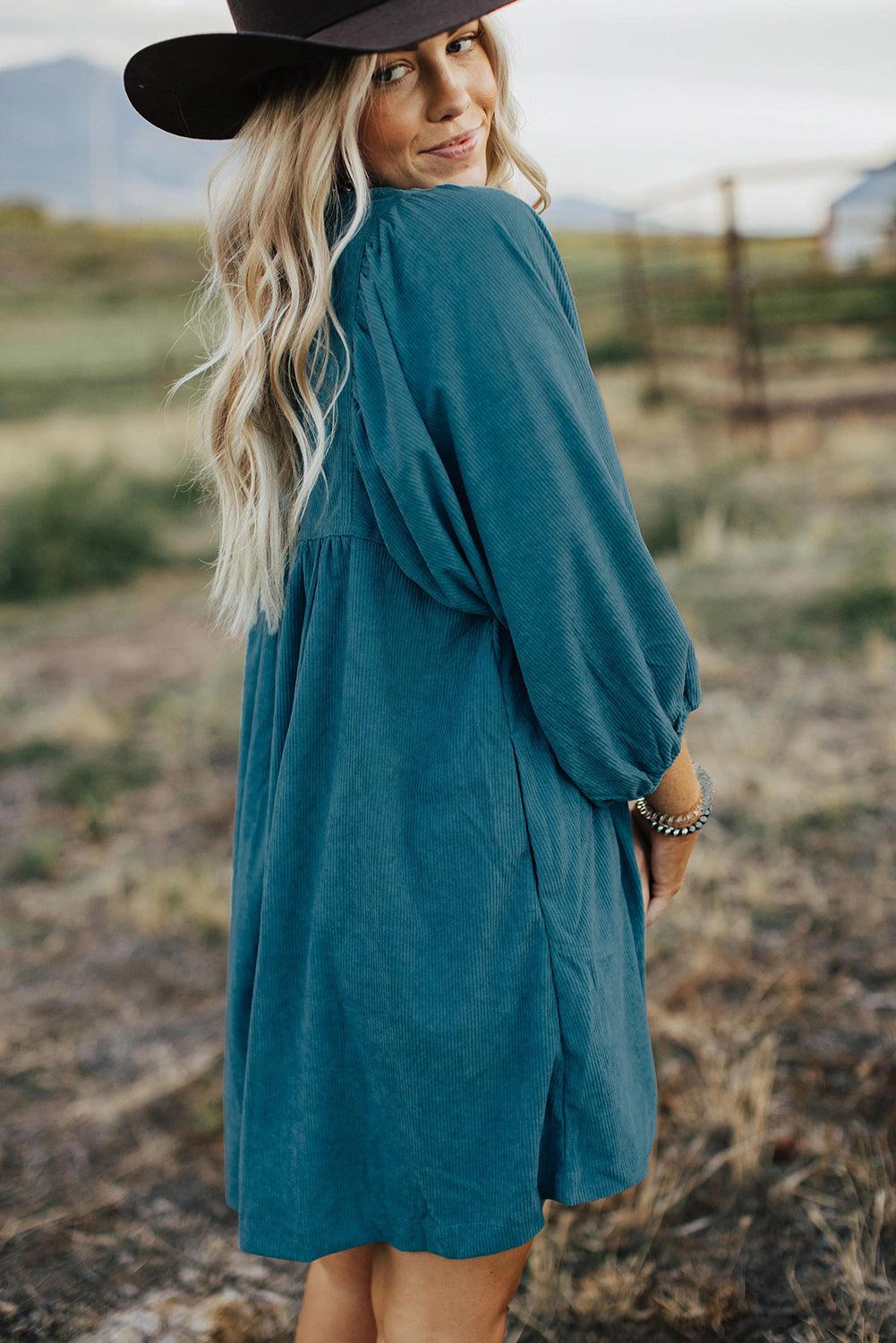 Corduroy Empire Taille Jurk met Drukknoopjes - Mini Dresses - Jurkjes.co