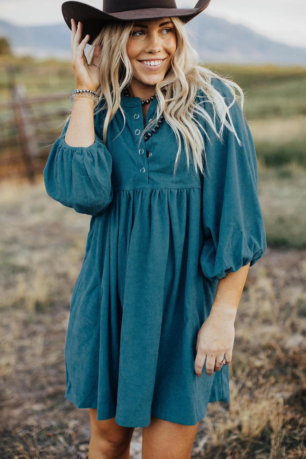 Corduroy Empire Taille Jurk met Drukknoopjes - Mini Dresses - Jurkjes.co
