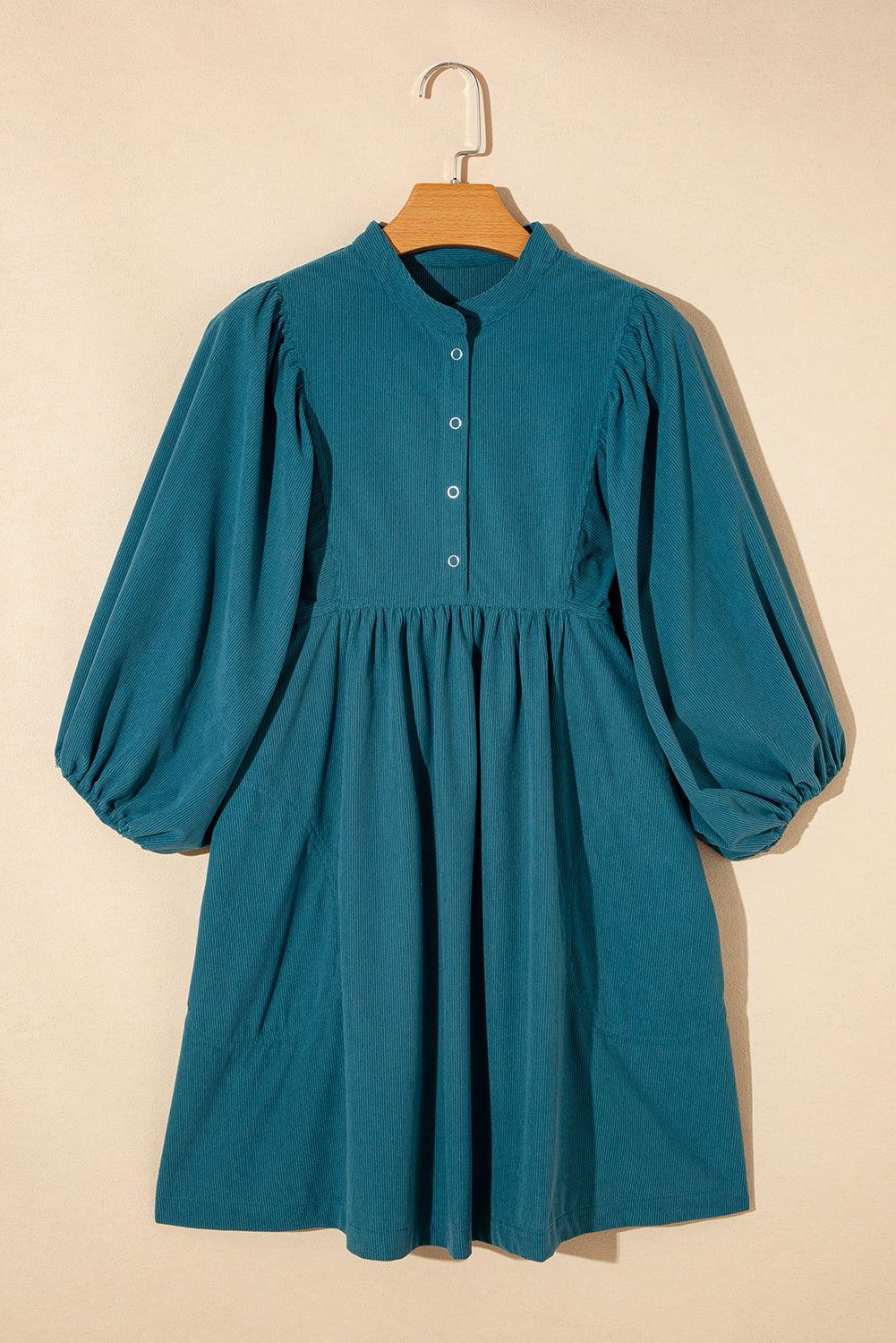 Corduroy Empire Taille Jurk met Drukknoopjes - Mini Dresses - Jurkjes.co