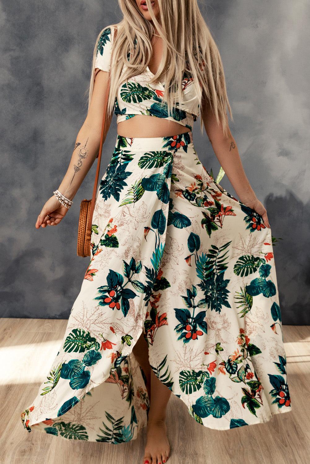 Crop Top Maxi Rok Set met Tropische Print - Skirts & Petticoat - Jurkjes.co