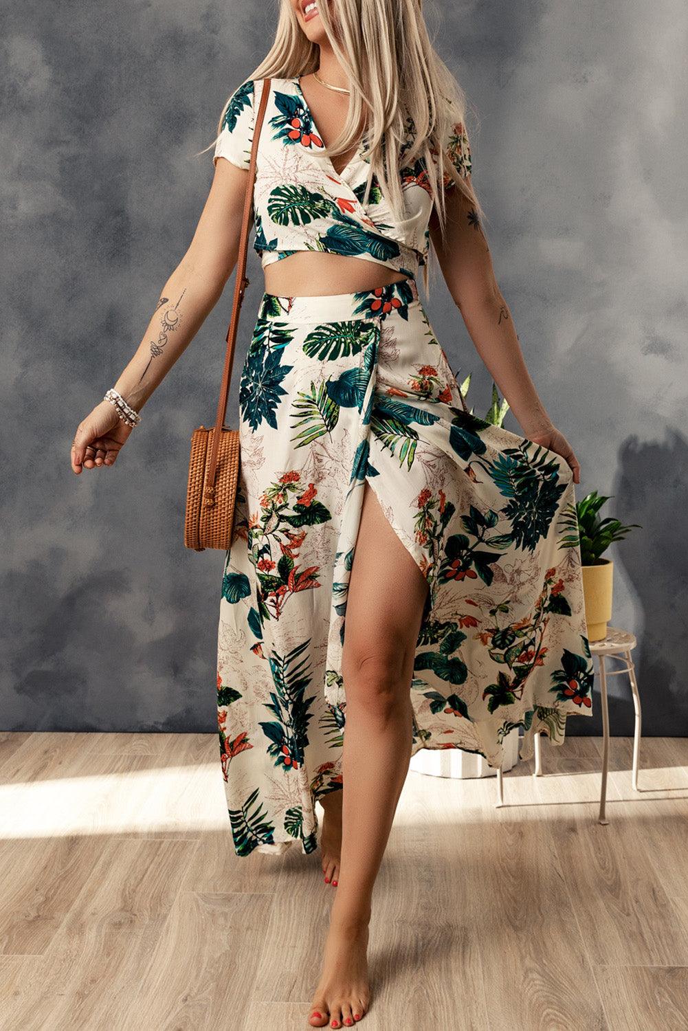 Crop Top Maxi Rok Set met Tropische Print - Skirts & Petticoat - Jurkjes.co