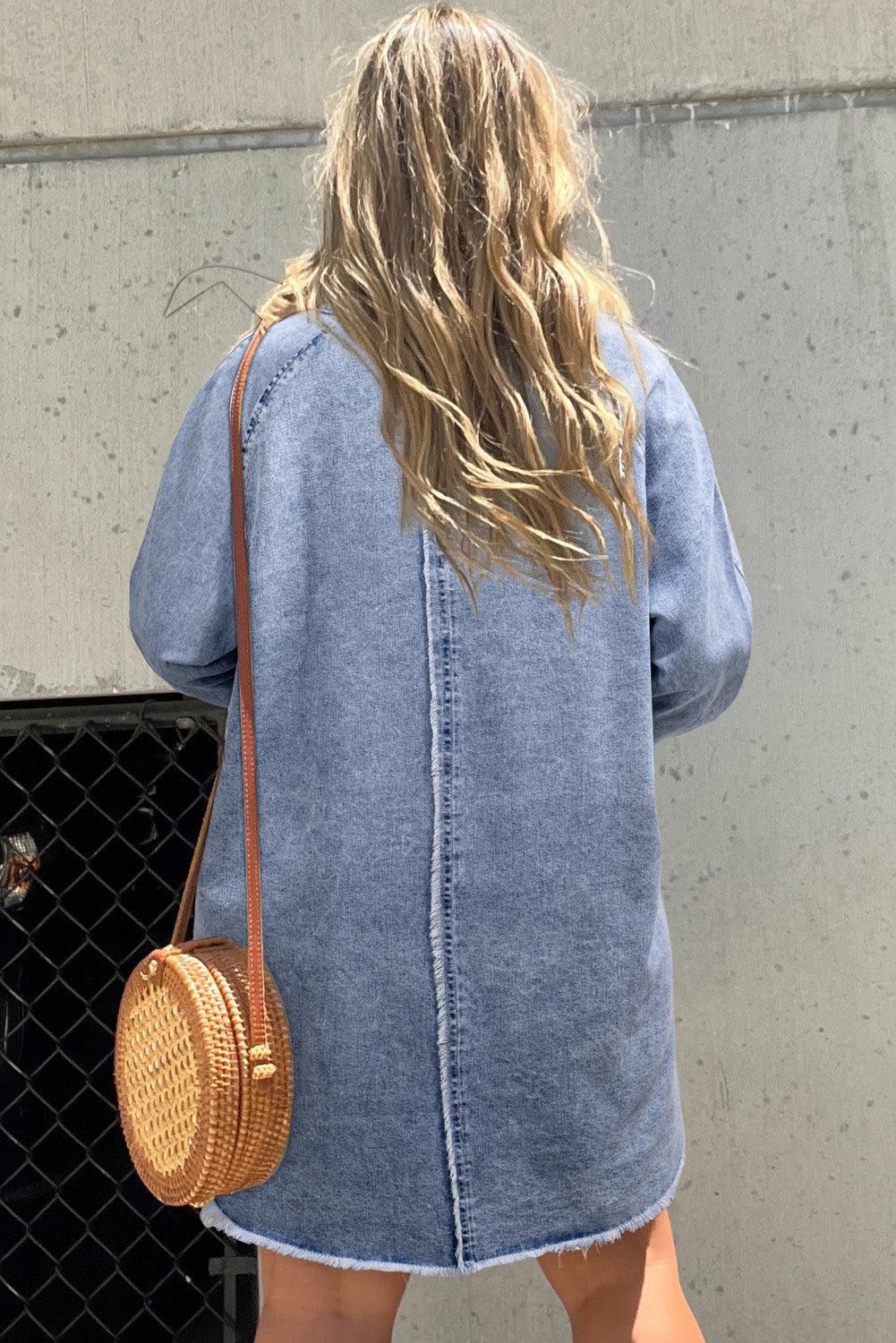 Denim Jurk met Lange Mouwen en Knoopsluiting - Mini Dresses - Jurkjes.co