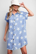Denim Jurk met Sterren en Gerafelde Zoom - Mini Dresses - Jurkjes.co