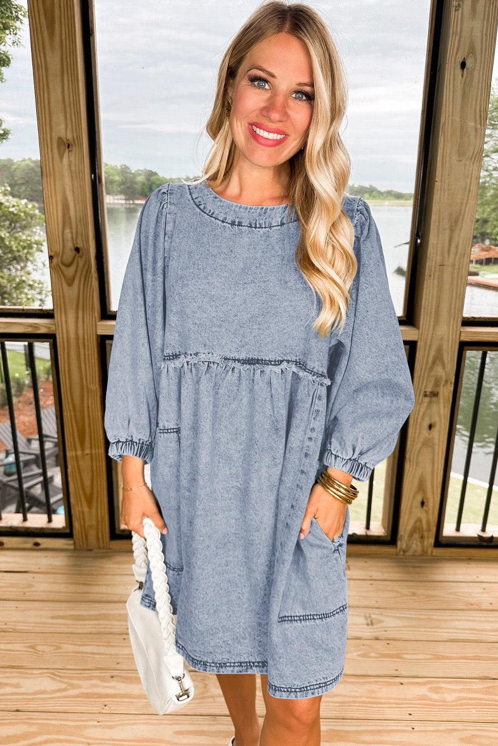 Denim Mini Jurk Hoge Taille en Losse Pasvorm - Mini Dresses - Jurkjes.co
