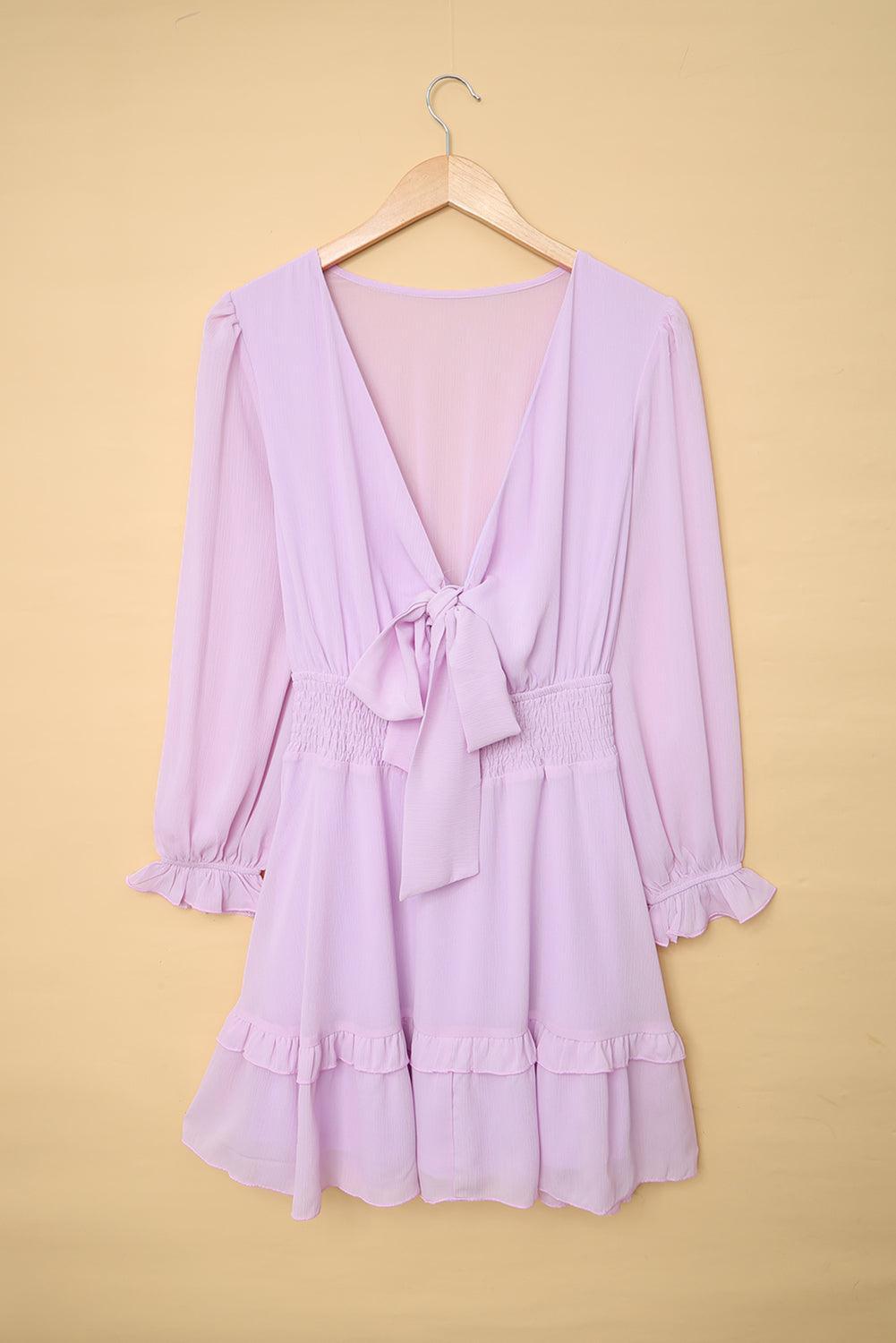 Diepe V-Hals Lantaarnmouw Mini Jurk - Mini Dresses - Jurkjes.co