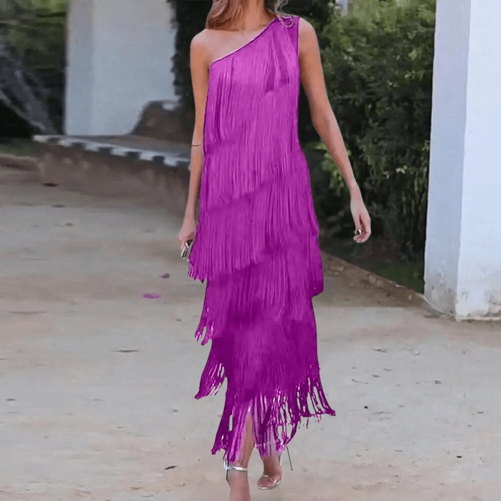 Eén-schouder jurk met franjes - Women Summer Dress - Jurkjes.co