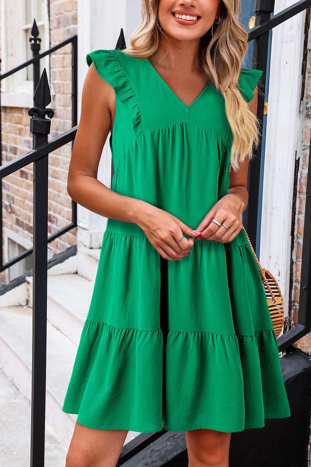 Effen Mini Jurk met Ruches en V-hals - Mini Dresses - Jurkjes.co